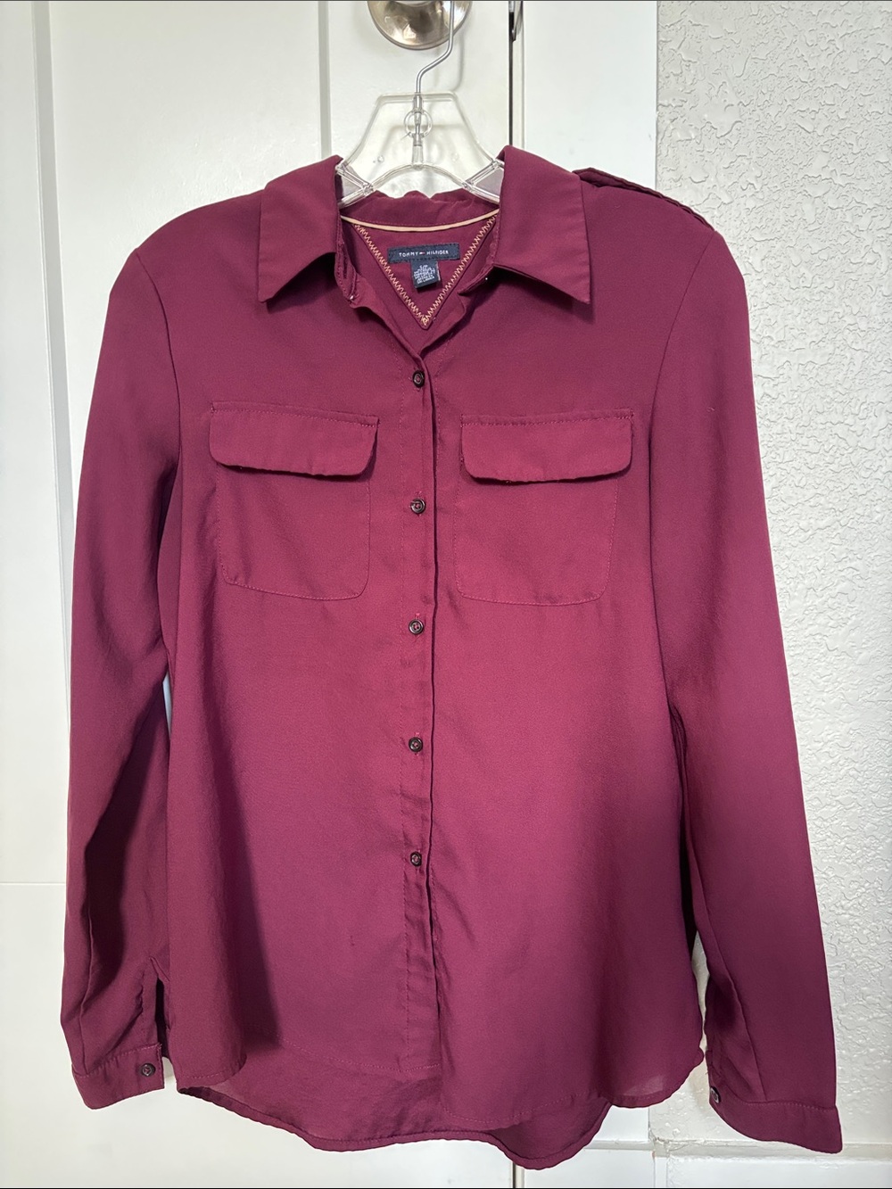 Tommy Hilfiger Wine Button-Up Shirt with Contrast Stitching